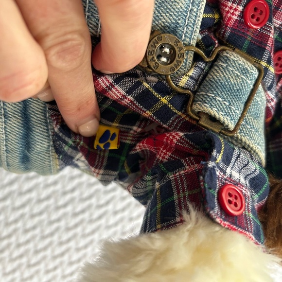 Build-A-Bear Dog Brown White Denim Overalls Plaid Shirt Ears Bend Made in USA - Picture 8 of 13